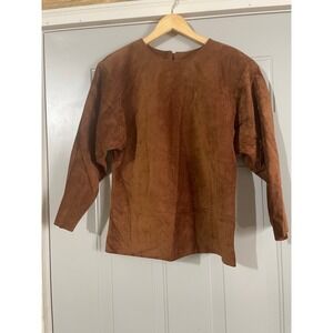 Bushwacker Suede Leather Top Women Large Brown Good Vintage Made in USA Blouse